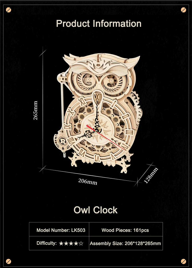 OWL Clock Mechanical Gear 3D Wooden Puzzle - DIYTime