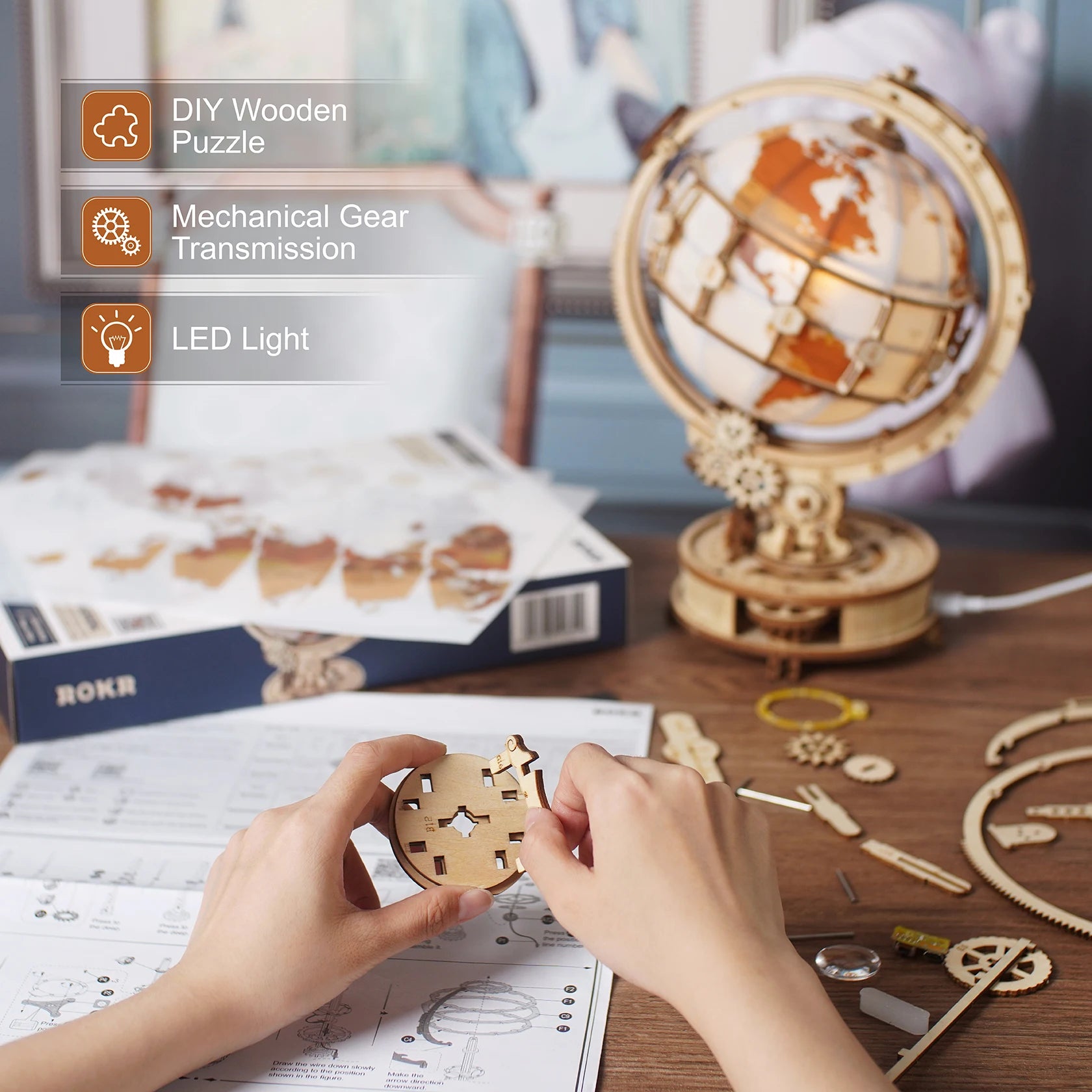 Luminous 3D Magnifying Globe Wooden Puzzle - DIYTime