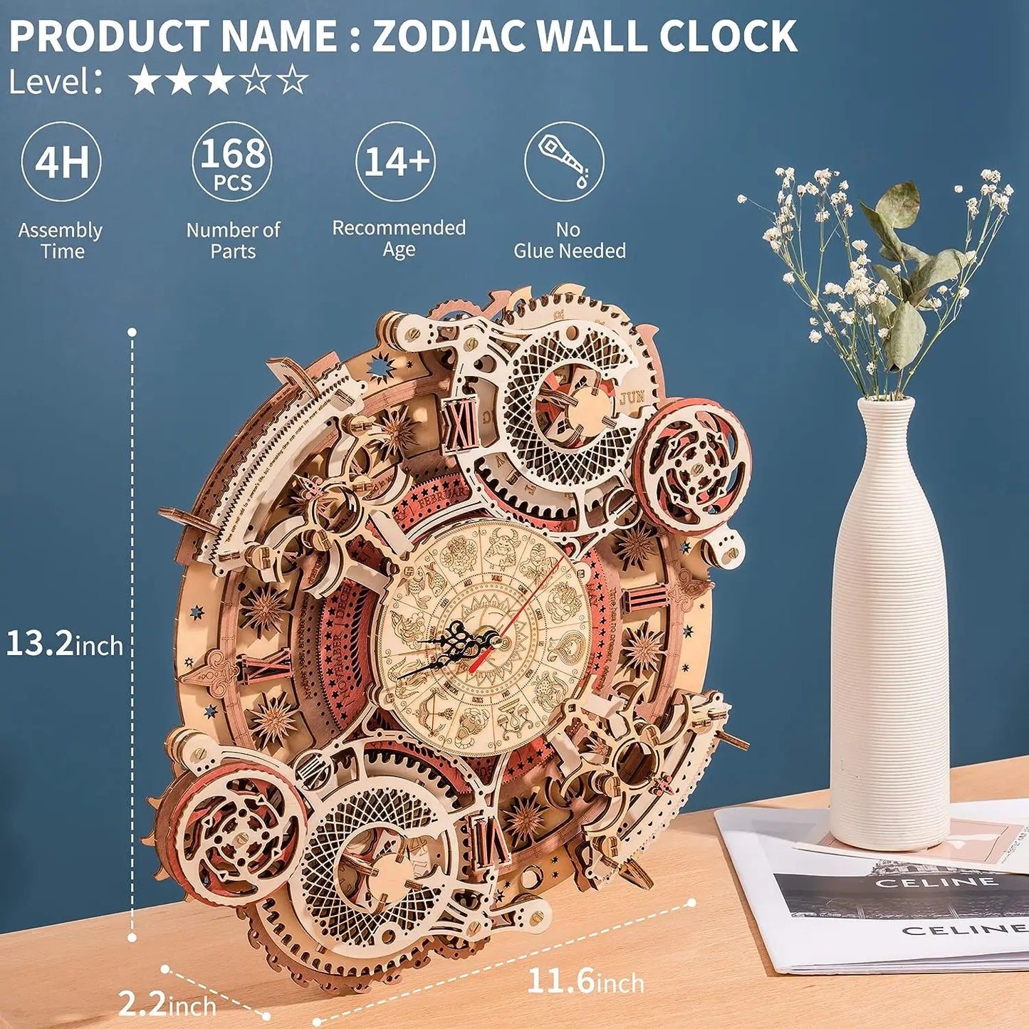 Zodiac Wall Clock Mechanical Time Art Engine 3D Wooden Puzzle - DIYTime