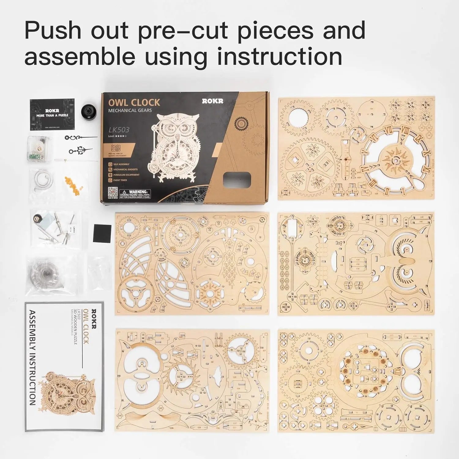 OWL Clock Mechanical Gear 3D Wooden Puzzle - DIYTime