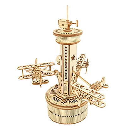 Airplane Control Tower Mechanical Music Box 3D Wooden Puzzle - DIYTime