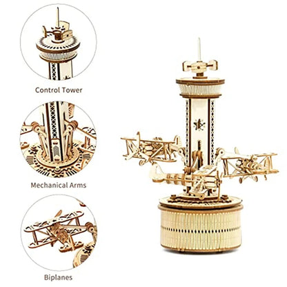 Airplane Control Tower Mechanical Music Box 3D Wooden Puzzle - DIYTime