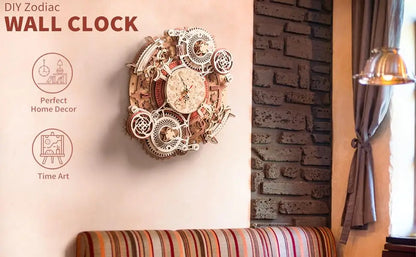 Zodiac Wall Clock Mechanical Time Art Engine 3D Wooden Puzzle - DIYTime