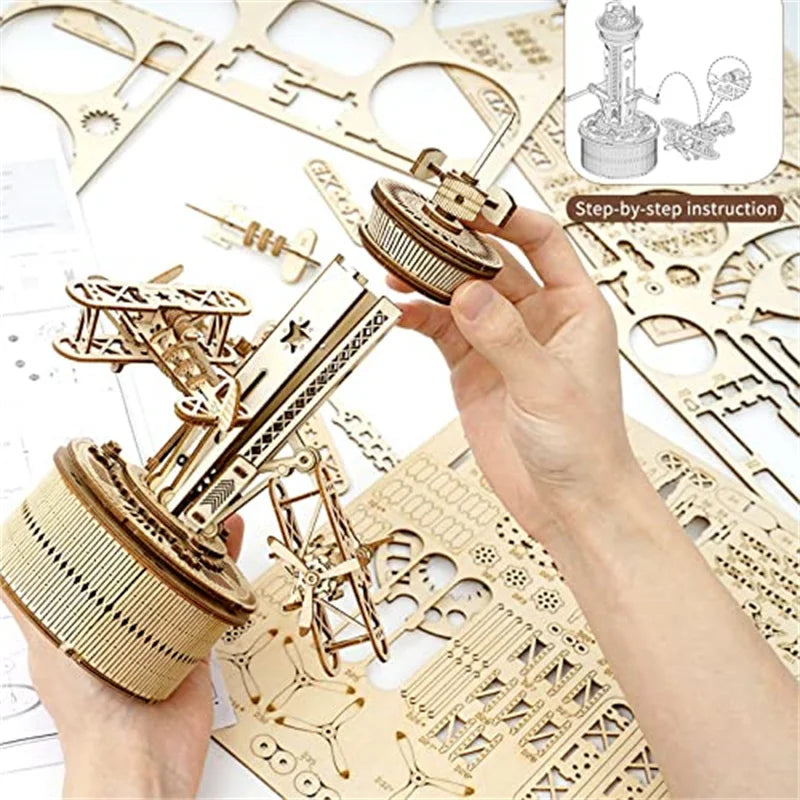 Airplane Control Tower Mechanical Music Box 3D Wooden Puzzle - DIYTime