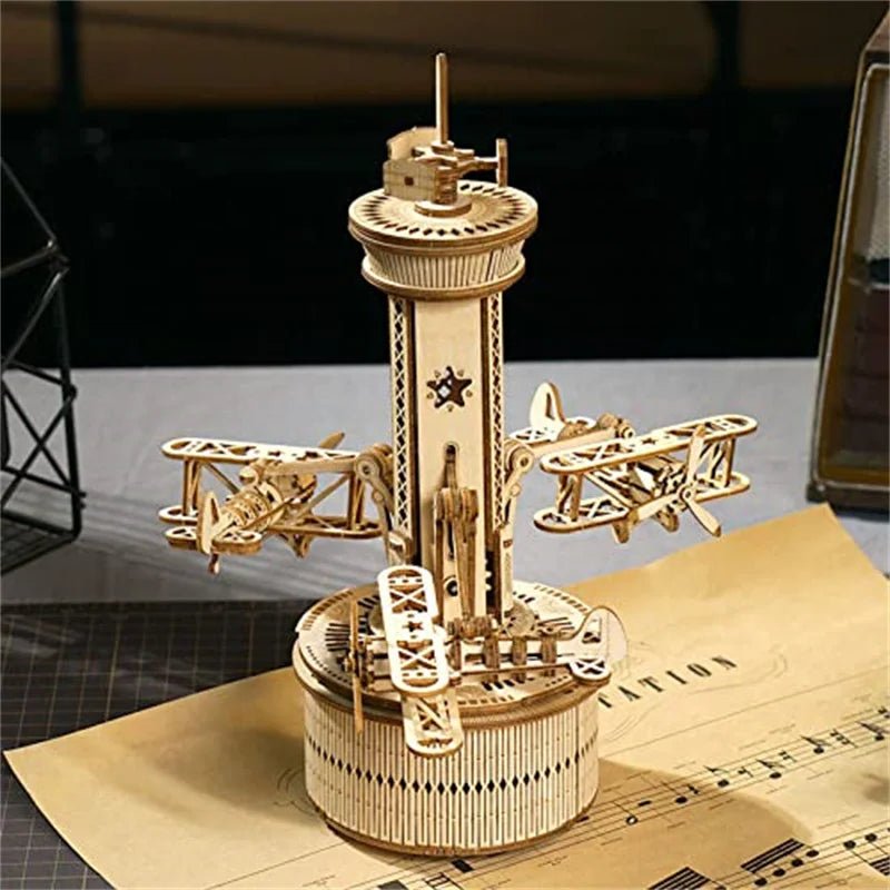 Airplane Control Tower Mechanical Music Box 3D Wooden Puzzle - DIYTime