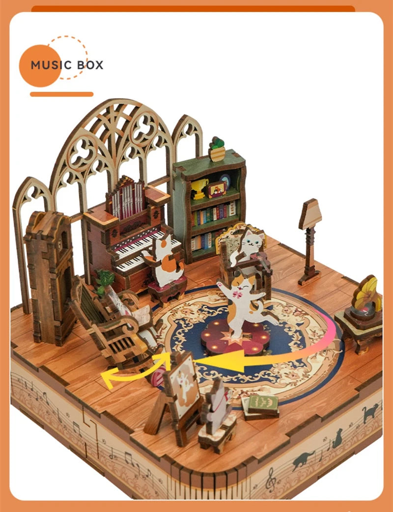 Cat's Party Music 3D Wooden Puzzles Miniature - DIYTime