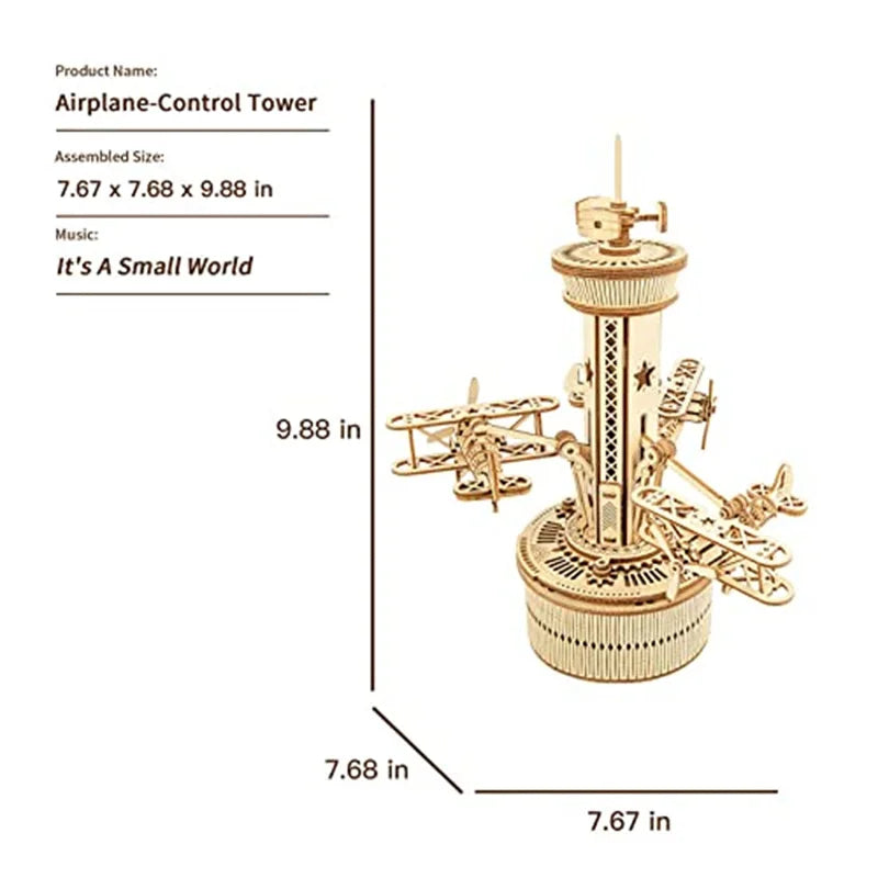 Airplane Control Tower Mechanical Music Box 3D Wooden Puzzle - DIYTime