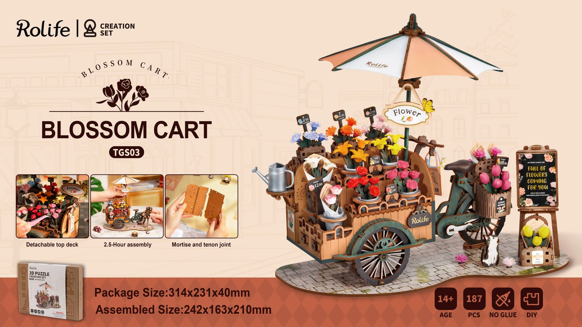 Robotime Blossom Cart 3D Wooden Puzzles Miniature - DIYTime