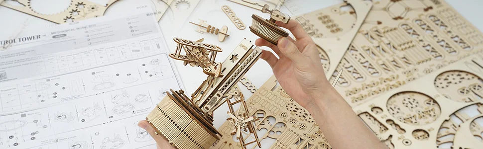 Airplane Control Tower Mechanical Music Box 3D Wooden Puzzle - DIYTime