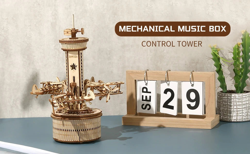 Airplane Control Tower Mechanical Music Box 3D Wooden Puzzle - DIYTime